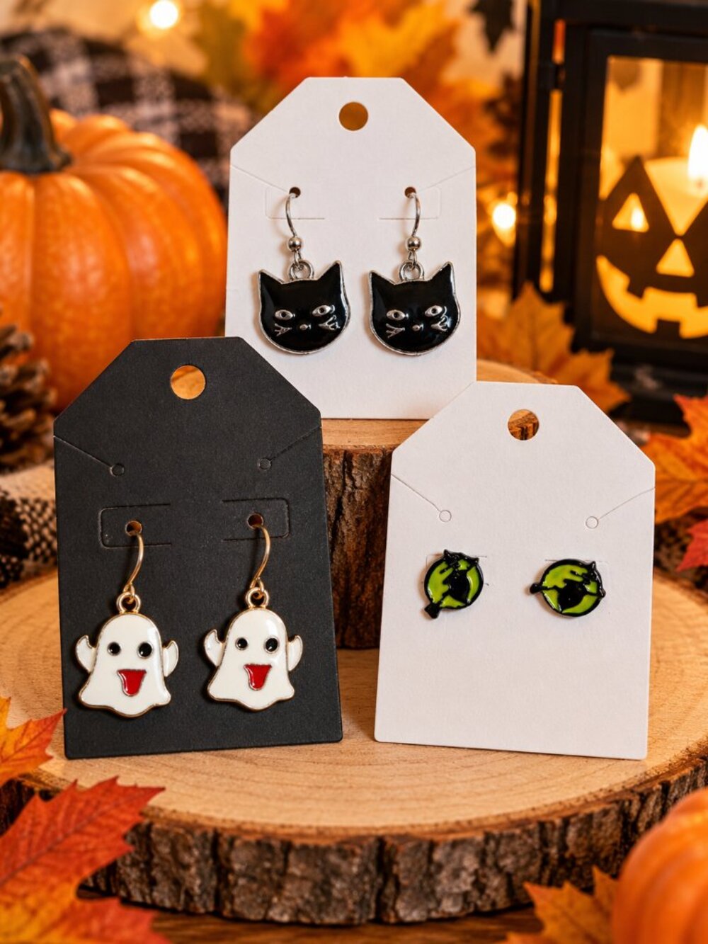 3 Pairs Halloween Ghost Cat Earrings Spooky Enamel Set